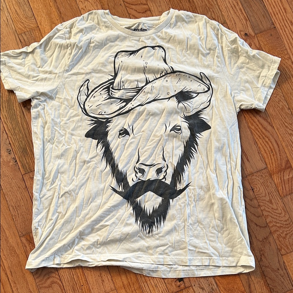 Cream T-Shirt with Bull and Hat Design